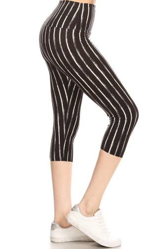 Yoga style banded lined stripe printed knit capri legging